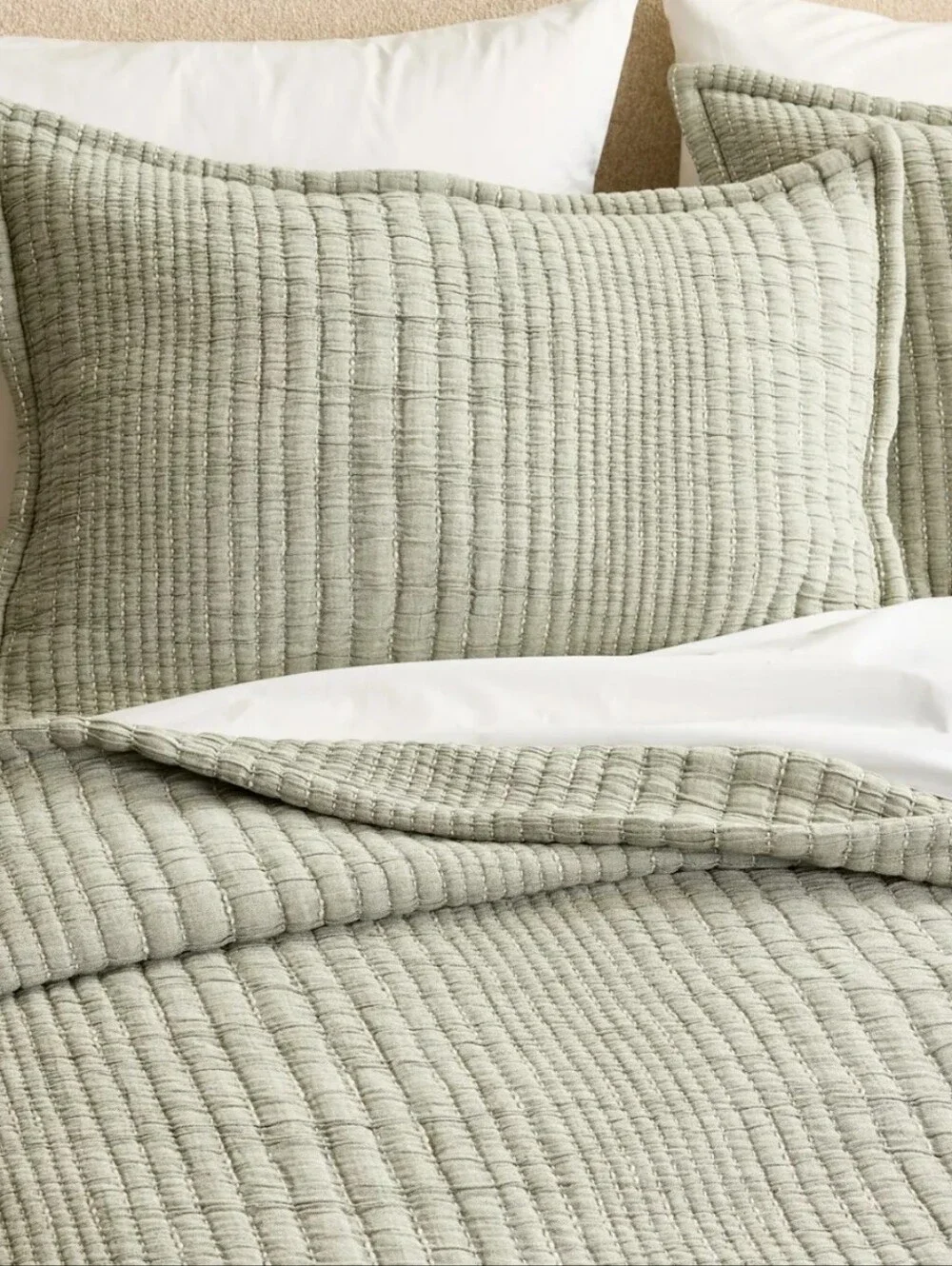 NWOT Quince Organic Cotton Channel Stitch King Coverlet Set - Sage Green